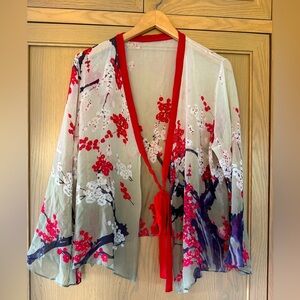 Vintage Silk Harari Floral Sheer Kimono Cardigan Tie Front / OSFM